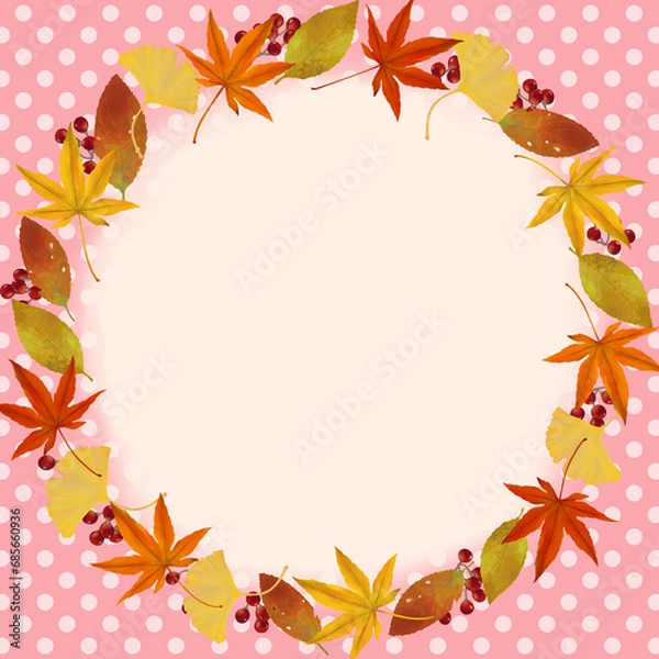 Fototapeta 紅葉と銀杏と赤い実　秋のおしゃれな円形フレーム　素材　飾り枠　ドット柄