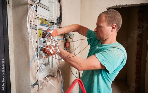 Fototapeta Side view of man in work gloves fixing electrical switchboard or distribution board in apartment under renovation. Electrician repairing household electrical panel with wires and switches.