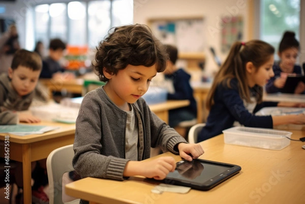 Fototapeta Cute little boy using tablet computer in elementary school classroom, shallow depth of field