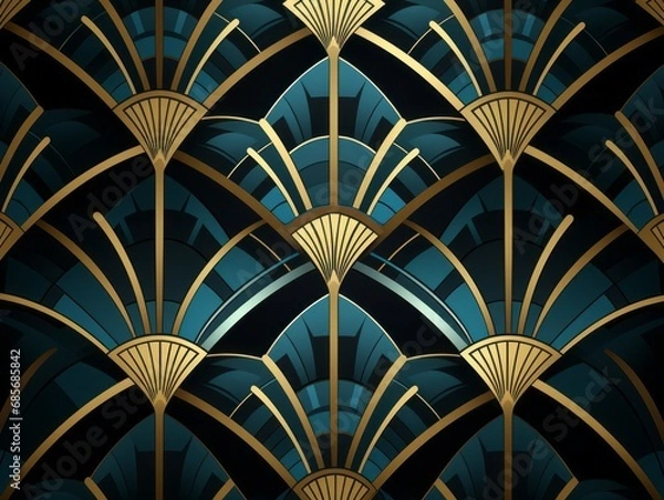 Fototapeta Art Deco Elegance: Geometric Fans and Arch Patterns in Gold and Teal