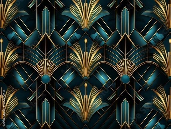 Fototapeta Art Deco Elegance: Geometric Fans and Arch Patterns in Gold and Teal