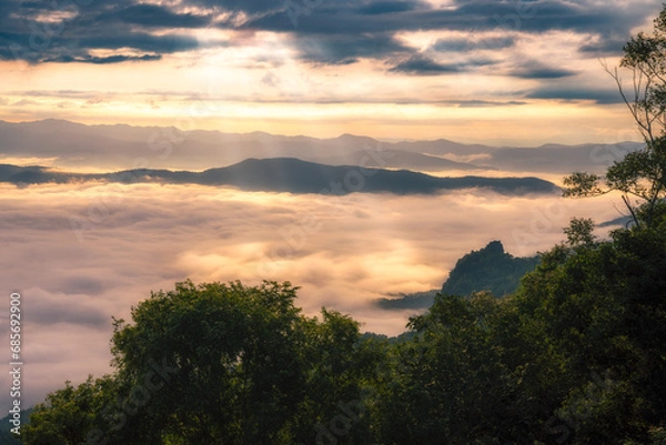 Fototapeta Mountains in clouds at sunrise, sun beam in morning. Aerial view of mountain peak with green trees in fog. Beautiful landscape with high rocks, forest, sky. Top view of mountain valley in low clouds