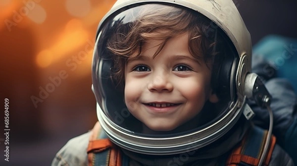 Fototapeta Little boy wearing an astronaut helmet dreams of becoming a rocket pilot spaceman in astronaut costume