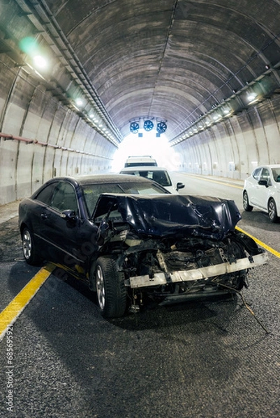 Fototapeta Traffic accident on the highway. Car with the front wrinkled due to a collision inside a tunnel.