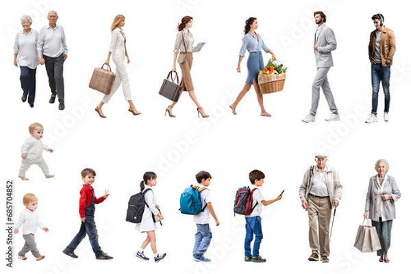 Obraz 歩く人々の切抜き素材集、背景透過（男性、女性、老人、子供）
