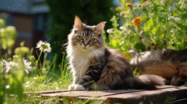 Obraz Beautiful siberian cat with green eyes sitting in garden.