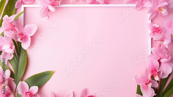 Fototapeta Pink frame banner with pink flowers and green leaves. Spring elements with copyright space