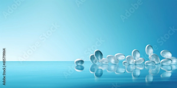 Fototapeta Suspended in a tranquil blue space, vibrant pills cast subtle shadows as they float
