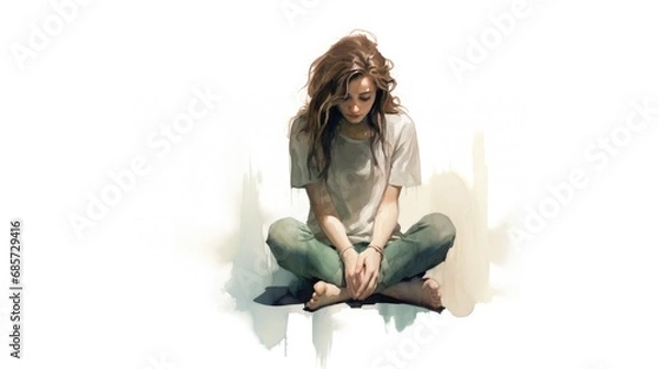 Obraz depressed woman sitting on the floor,sad female teenager isolated on white background