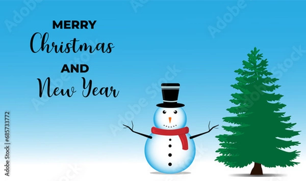 Fototapeta Merry Christmas background with snow drifts landscape, snowman and Christmas trees