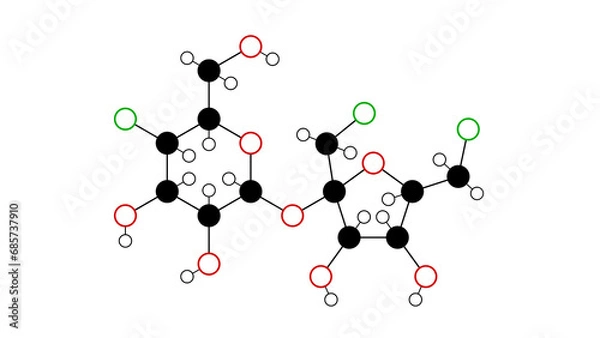 Fototapeta sucralose molecule, structural chemical formula, ball-and-stick model, isolated image artificial sweetener e955