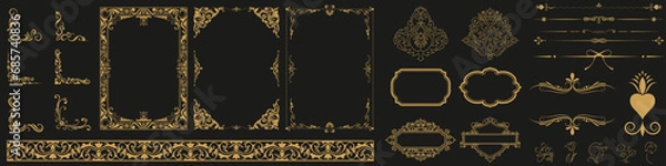 Fototapeta Golden vintage set includes decorative paper frames, text boxes and scrolling floral borders using rose gold line design with vintage corner tapestry borders.