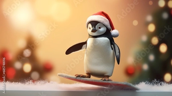 Fototapeta Super cute penguin wearing Santa hat and riding a surf. AI generated image
