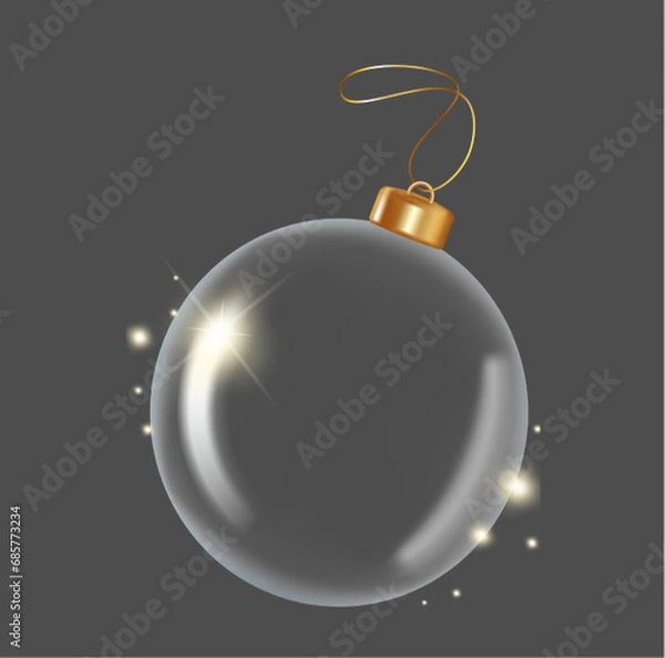 Fototapeta Realistic hanging glass christmas balls empty. 3d xmas tree decoration, transparent crystal sphere 