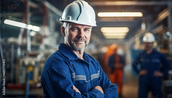Fototapeta Portrait Professional mechanical engineering male in white safety hard hat helmet and look at camera