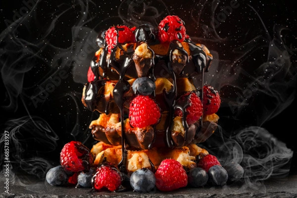 Obraz Waffles with cocolate red fruits and smoke