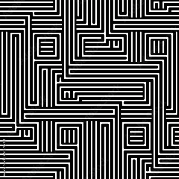 Fototapeta Full seamless abstract ornate maze geometric background. Print texture. Repeat pattern. Vector illustration. Black and white labyrinth line