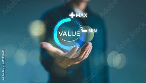 Obraz Increase value, growth value, company value added or business growth concept. Businessman show circle  bar info graphic technology background. Sale digital marketing leadership success target