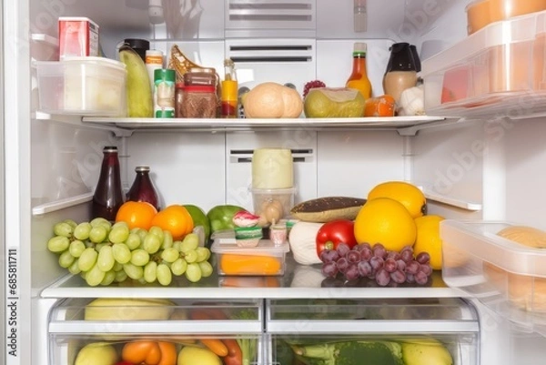 Obraz Fridge brimming with wholesome food, fresh vegetables, and fruits, illustrating the concept of proper nutrition, healthy eating, and a balanced lifestyle.