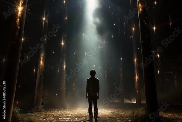 Fototapeta Silhouette of a person standing at night and watching a UFO. Abstract image of a flying saucer, expansion of the planet.
