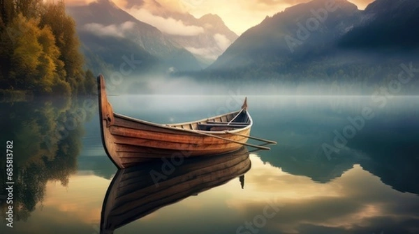 Fototapeta Canoe wooden boat on a calm misty lake in the middle of a mountain forest.