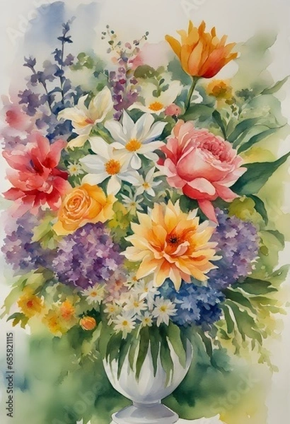 Fototapeta The image shows a watercolor painting of a bouquet of flowers on a white background. The bouquet is composed of different types of flowers, including roses, lilies, tulips and chrysanthemums.