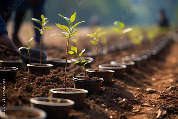 Fototapeta A tree plantation. Furrows with evenly spaced seedlings in black pots. Idea of reforestation. Copy space.