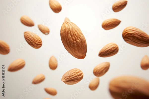 Fototapeta Almonds fall in pile on gray gradient background. Creative concept of floating healthy snacks. Background of falling almonds. Levitation of nuts. Close-up. Copy space.
