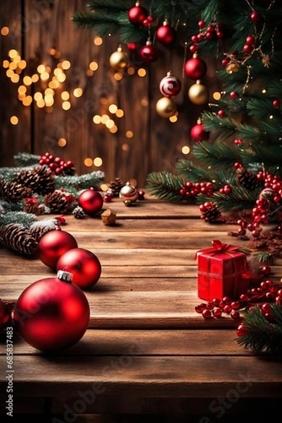 Fototapeta  Empty wooden table with christmas theme in background 

