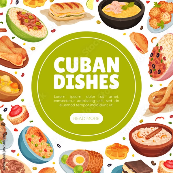 Fototapeta Cuban Food Banner Design with Tasty Served Dish Vector Template