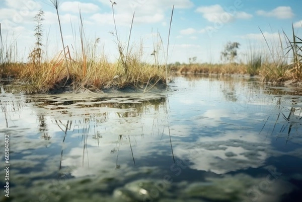 Fototapeta A peaceful scene of a body of water surrounded by tall grass.
