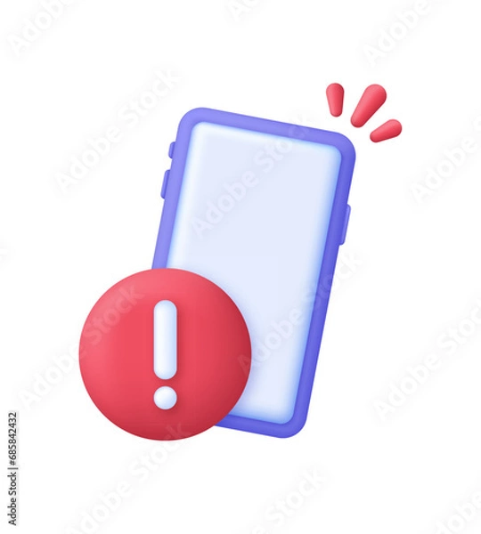Obraz 3D Alert message in phone illustration. Smartphone with exclamation sign. Mobile phone alert notification.