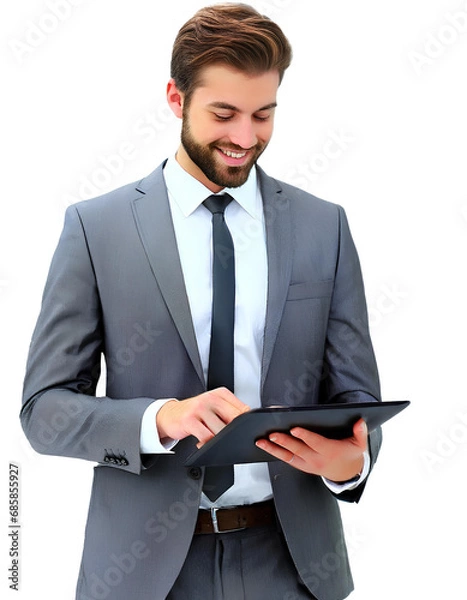 Obraz Business Man holding a Tablet or iPad, Texting or working by chatting.