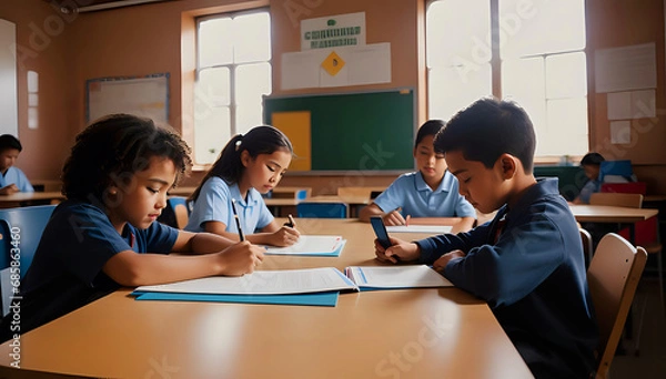 Fototapeta Children, boys and girls of different races, inside a primary school classroom, working together with notebooks and pens in their hands.