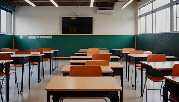 Fototapeta Interior of a classroom with a blackboard, desk, and benches for elementary level students with windows in the morning