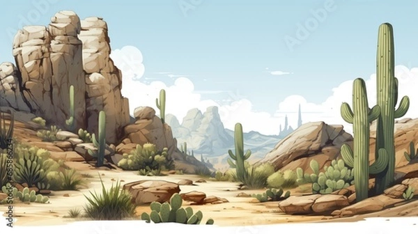 Fototapeta Cartoonish illustration of desert valley landscape, hot summer's day, canyon of eroded rock formations and Saguaro cactus plants with distant mountains and hills.