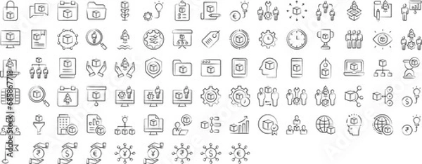 Fototapeta Business and marketing management hand drawn icons set, including icons such as Distribution, Comment, Flag, Flow, Computer, Growth, , and more. pencil sketch vector icon collection