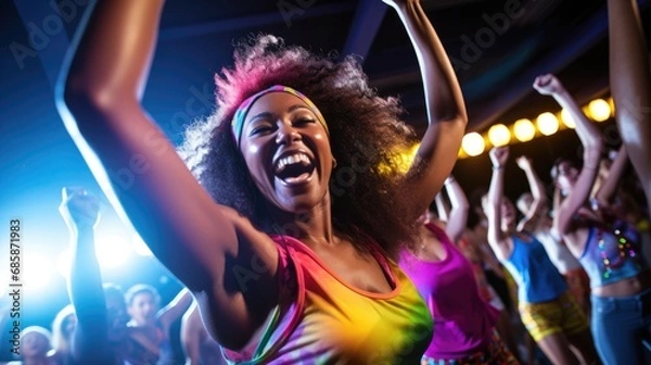 Obraz An exuberant woman dancing with joy at a vibrant, neon-lit disco party.