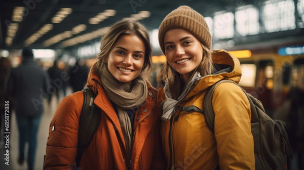 Fototapeta two caucasian women in train station, wearing backpacks and orange jackets, pose for picture; lively, social atmosphere, sense of unity. fictional location