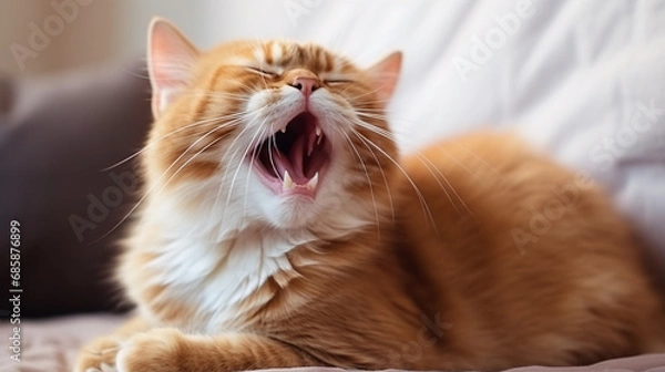 Obraz Cute ginger cat yawning on sofa at home, closeup