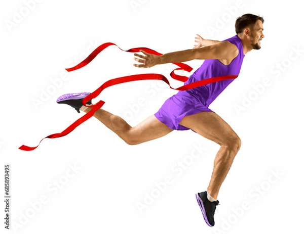 Fototapeta The runner wins by crossing the finish line ribbon on a white background. Sport and fitness motivation