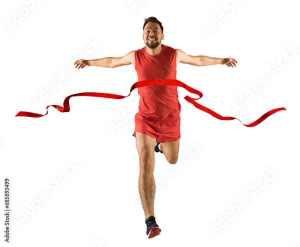 Fototapeta The runner wins by crossing the finish line ribbon on a white background. Sport and fitness motivation