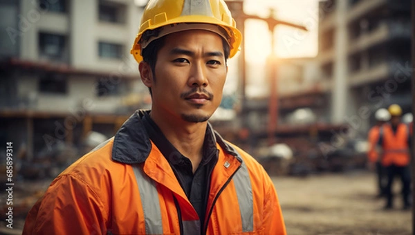 Obraz Portrait of a skilled male builder, wearing a hard hat, amidst the industrious atmosphere of a construction site