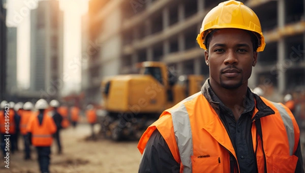 Obraz Handsome builder in a hard hat, poised against the dynamic setting of a construction site, showcasing expertise and dedication