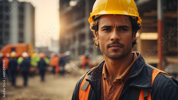 Obraz A confident male builder, donning a hard hat, stands against the bustling backdrop of a construction site, exuding professionalism