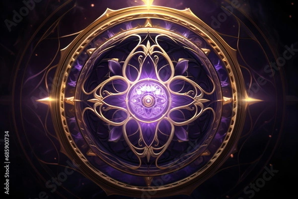 Fototapeta A purple and gold circular magical fantasy object on a black background