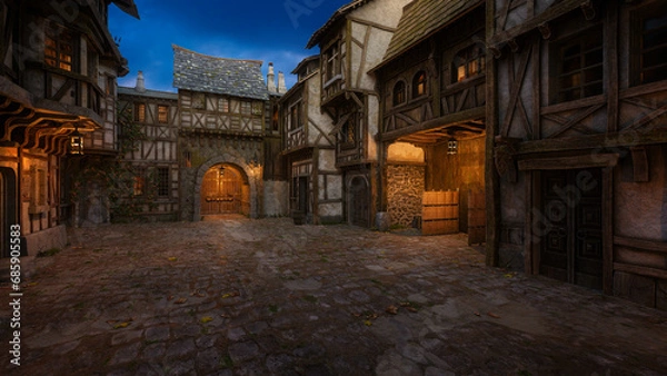 Fototapeta Fantasy medieval village street in the evening. 3D rendering.
