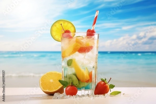 Fototapeta Quenching summer thirst: vibrant fruity drinks on ice, a refreshing blend of citrus, tropical flavors, and coolness for a perfect summer chill-out, deliciously tempting and visually appealing.