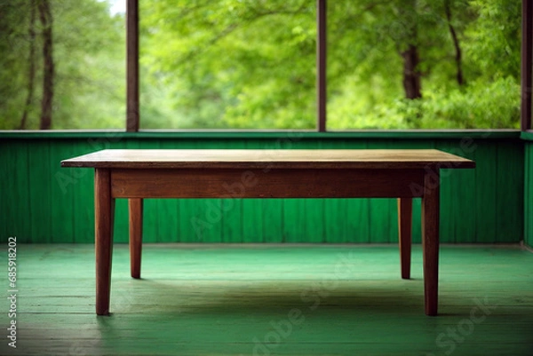 Obraz Empty wooden table with green background