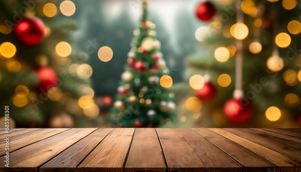 Fototapeta Empty wooden table with festive Christmas background, ready for holiday gatherings or seasonal decorations